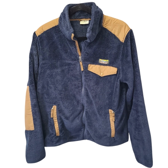 LL Bean Hi Pile Fleece Jacket‎ Top Mens M Blue Tan Full Zip - Picture 1 of 10